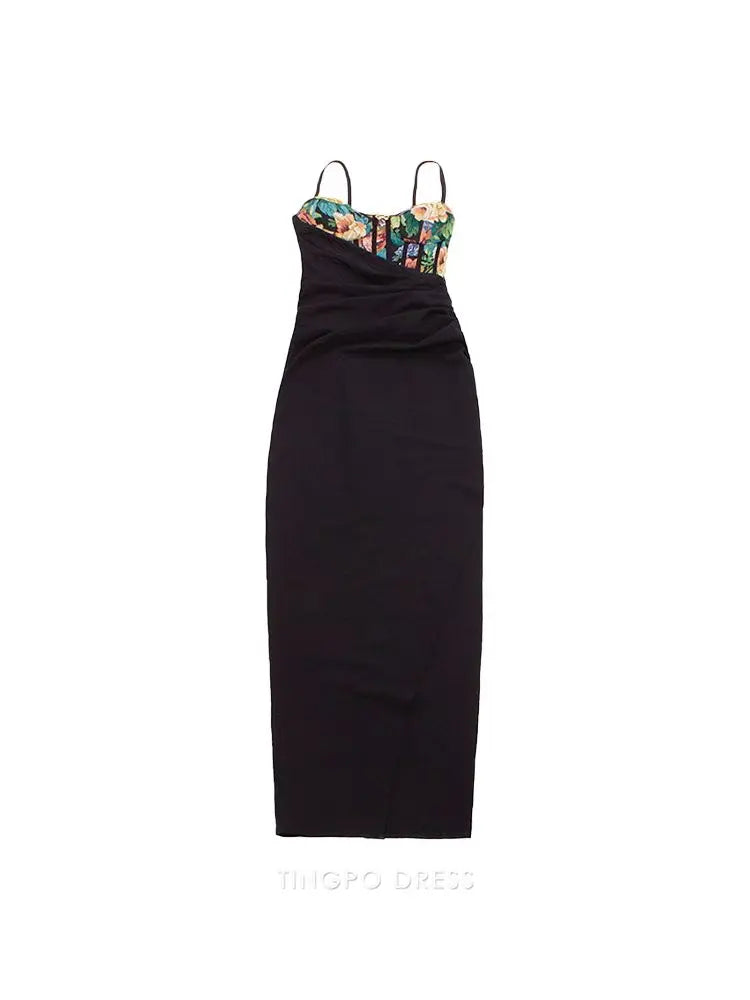 TingPo Wholesale Elegant Floral Print Bodice Black Thigh-high Slit Vintage Slip Dress with Underwire Cups